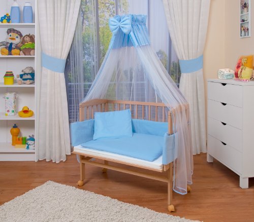 WALDIN Baby Beistellbett komplett mit Ausstattung, höhen-verstellbar, Buche Massiv-Holz natur unbehandelt,16 Modelle wählbar,blau/weiß