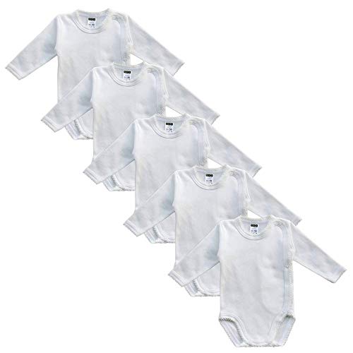 MEA BABY Unisex Baby Langarm Wickelbody aus 100% Bio-Baumwolle im 5er Pack, Baby Wickelbody weiß (Creme), Baby Wickelbody weiß für Mädchen, Baby Body weiß für Jungen. (56)